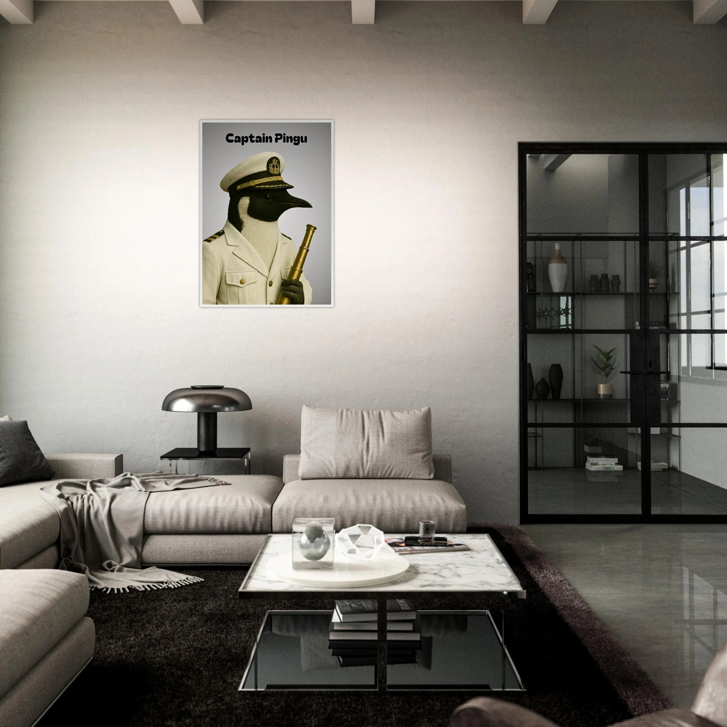 Pinguin Poster „Captain Pingu – Ice-Cold Command“ im modernen Wohnzimmer mit dunkler Einrichtung – stilvolle maritime Kunst