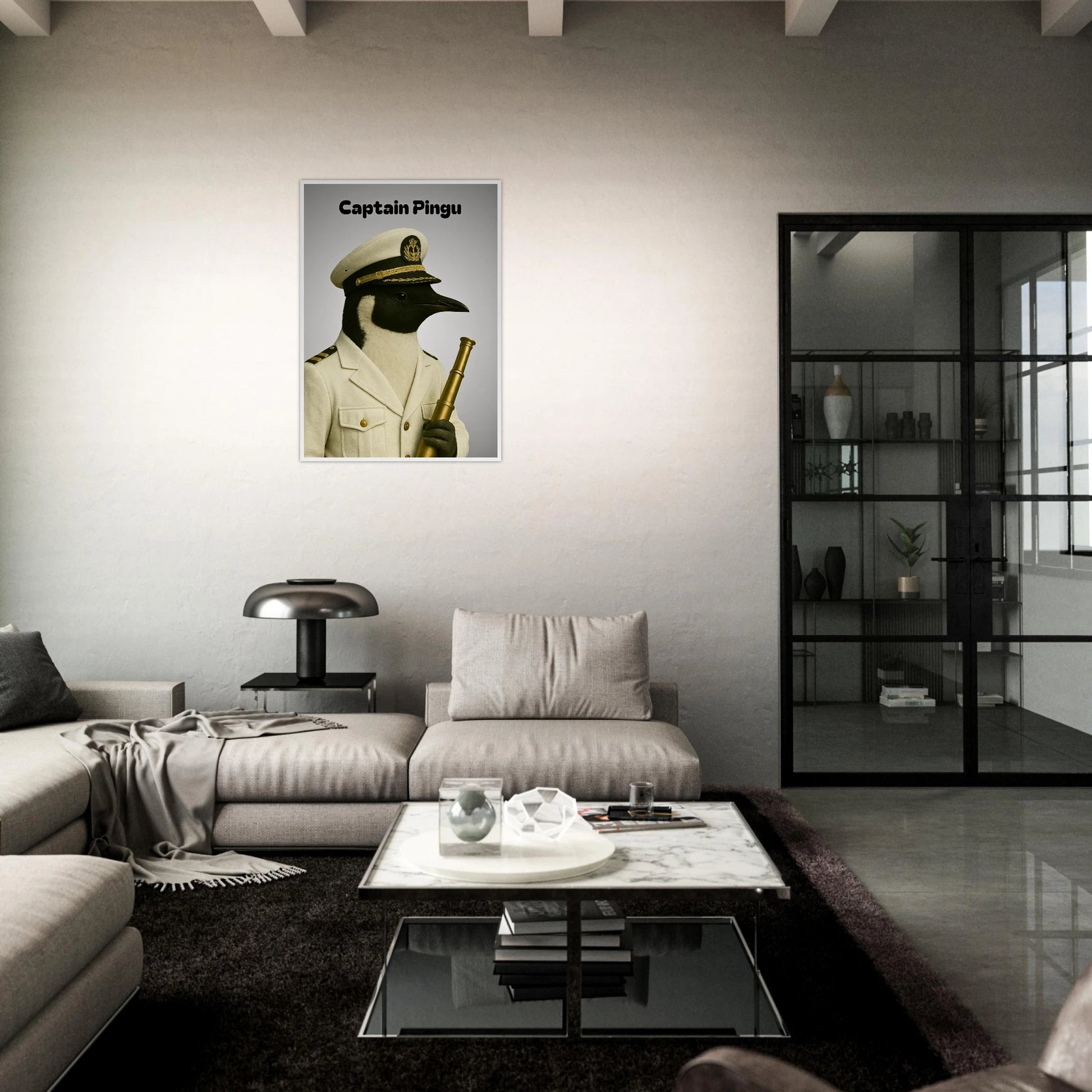 Pinguin Poster „Captain Pingu – Ice-Cold Command“ im modernen Wohnzimmer mit dunkler Einrichtung – stilvolle maritime Kunst