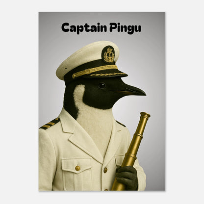 Captain Pingu Poster – eleganter Pinguin in Kapitänsuniform, hochwertiger nautischer Kunstdruck ohne Rahmen.