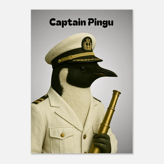 Captain Pingu Poster – eleganter Pinguin in Kapitänsuniform, hochwertiger nautischer Kunstdruck ohne Rahmen.