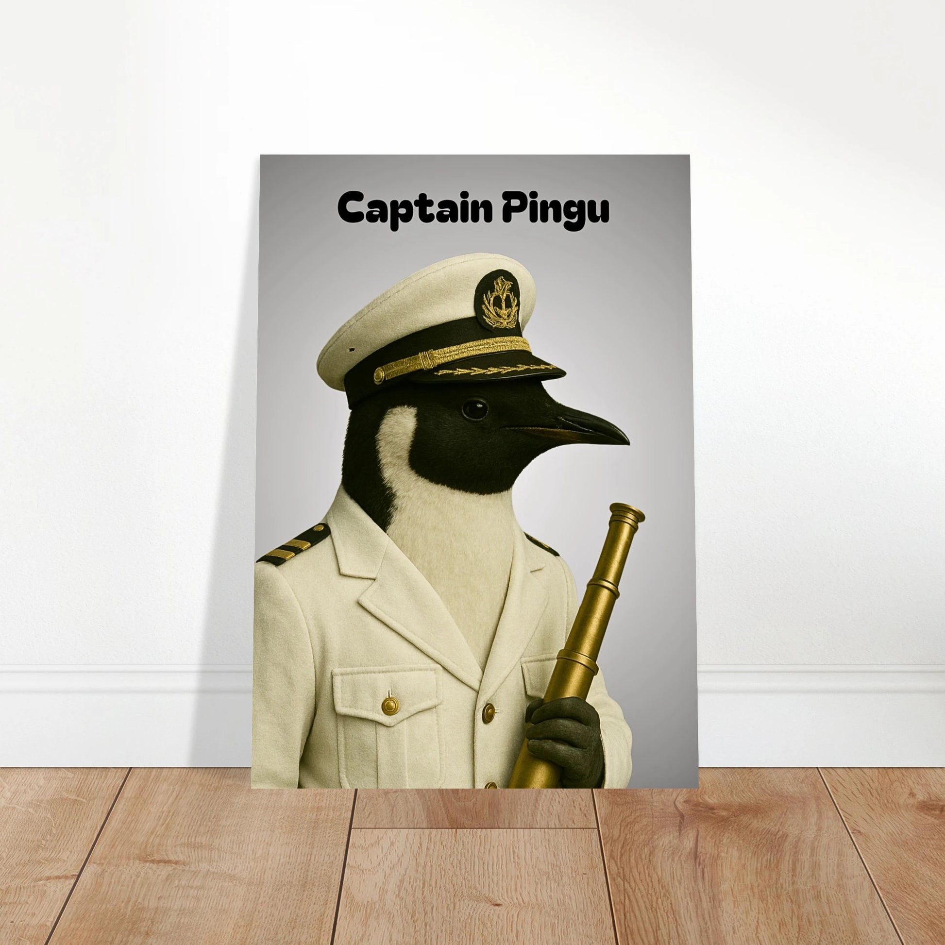 Captain Pingu Poster – eleganter nautischer Kunstdruck mit Pinguin im modernen Wohnzimmer.