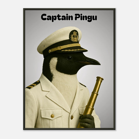Captain Pingu Poster – stilvoller Pinguin-Kapitän mit Fernglas in Uniform, maritimes Wandbild im schwarzen Metallrahmen | DEFA Designs