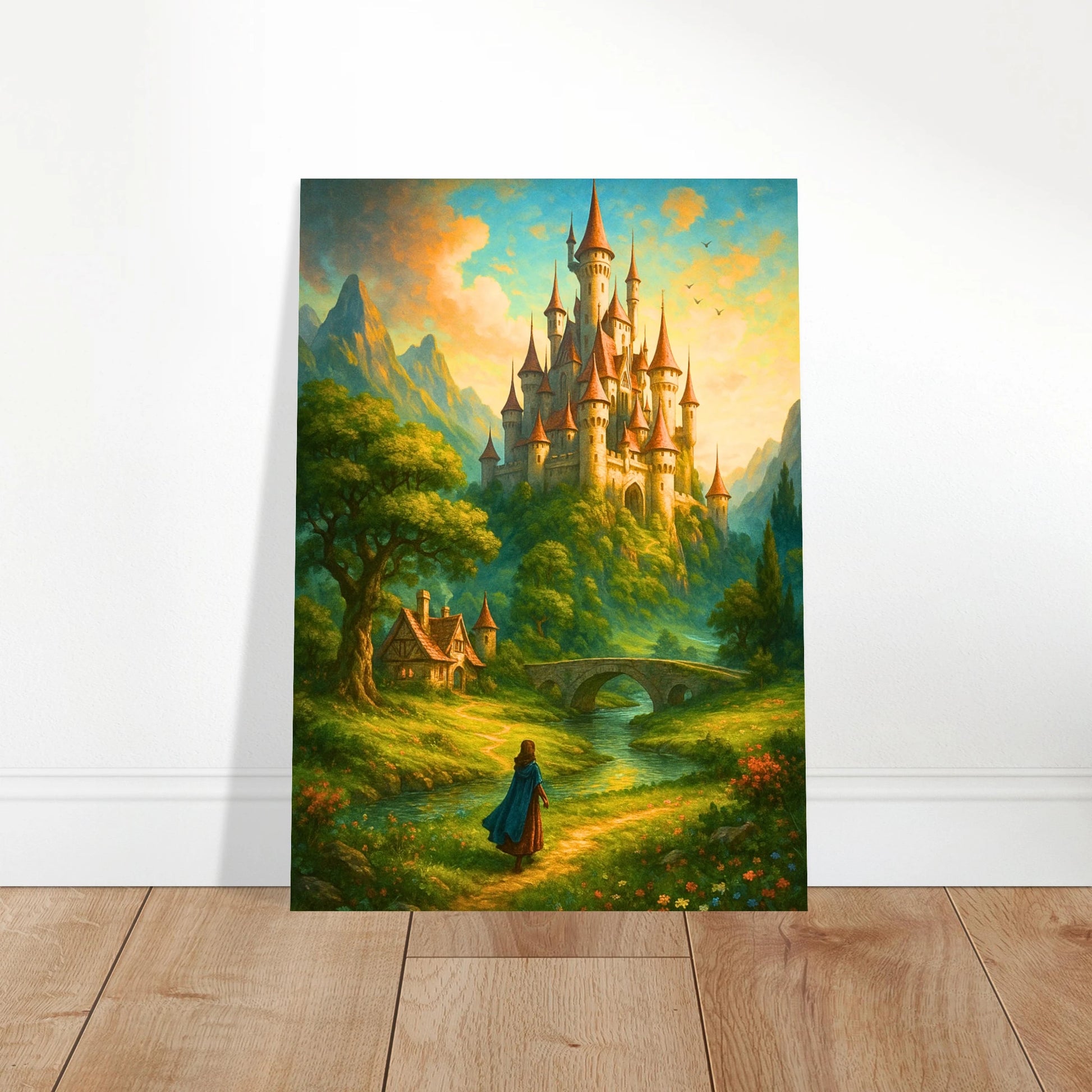 Fantasy Castle Poster – märchenhaftes Schloss mit Fluss, dekoratives Wandbild im Fantasy-Stil