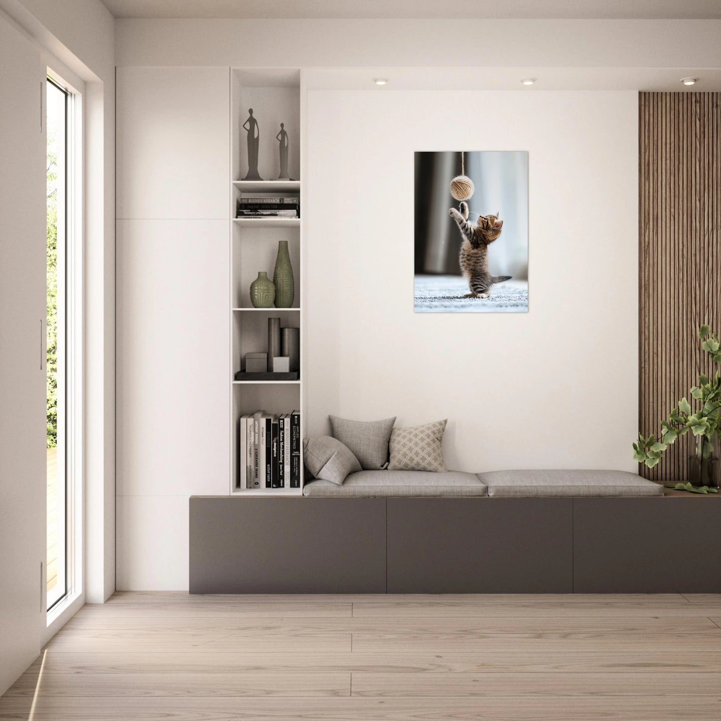 Cat wall poster in bright modern living room – stylish decor idea with kitten print