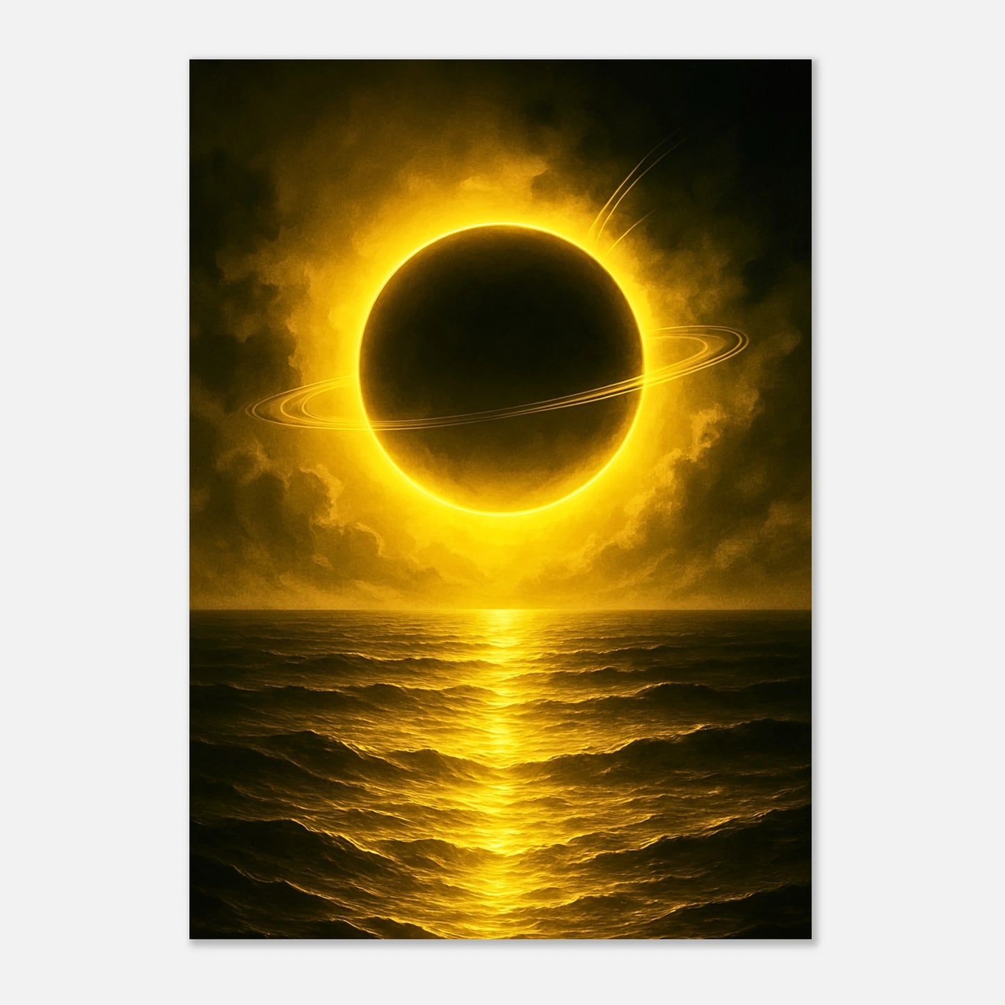 Celestial Poster – kosmische Szene mit Planet und goldenem Meer, mystische Wanddeko
