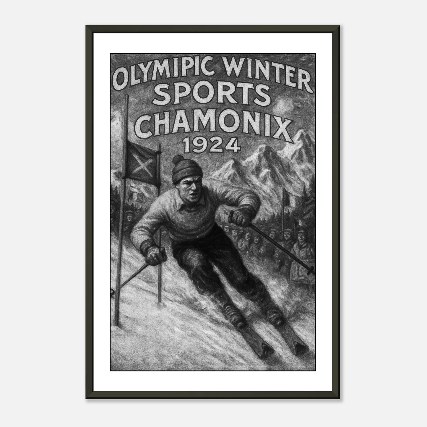 Klassisches Ski-Poster „Chamonix 1924“ mit Skifahrer und Berglandschaft – Vintage Olympic Art Print | DEFA Designs