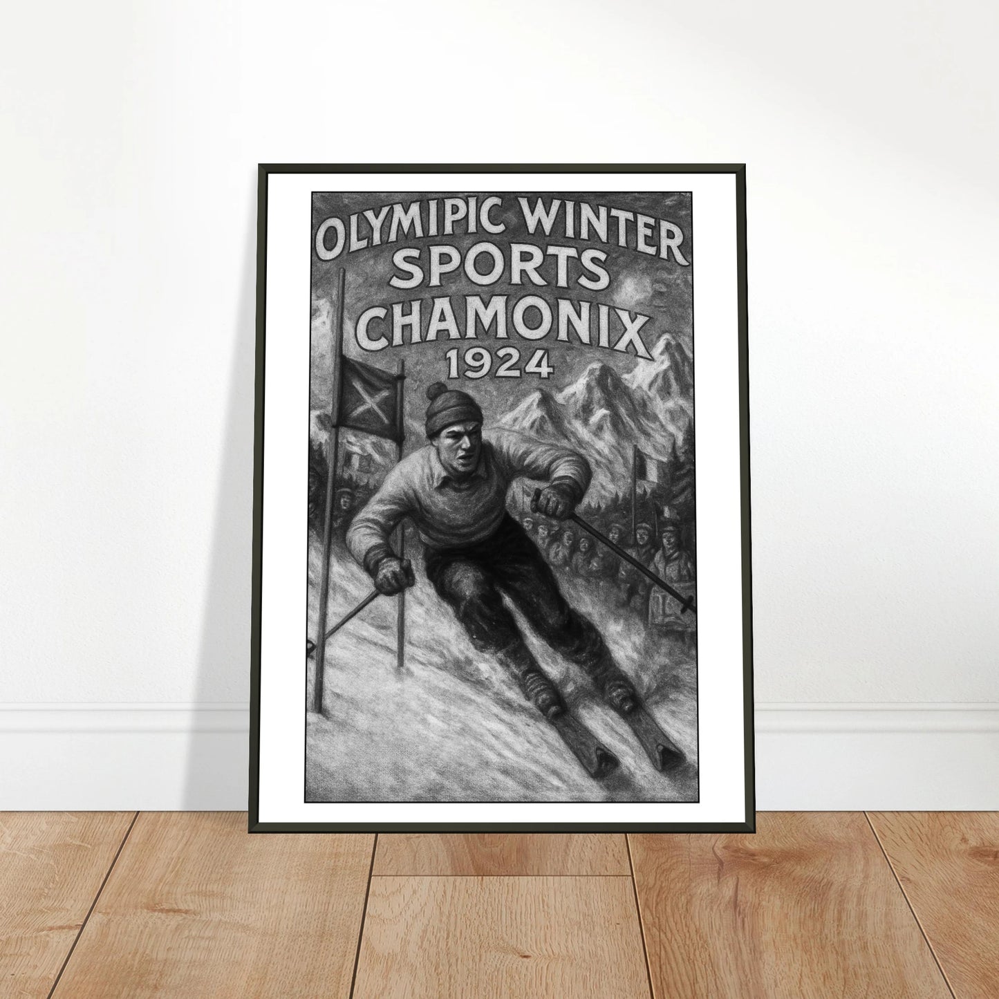 „Chamonix 1924“ – Vintage Ski-Poster angelehnt an Wand im schwarzen Metallrahmen – Zeitlose Sportkunst | DEFA Designs