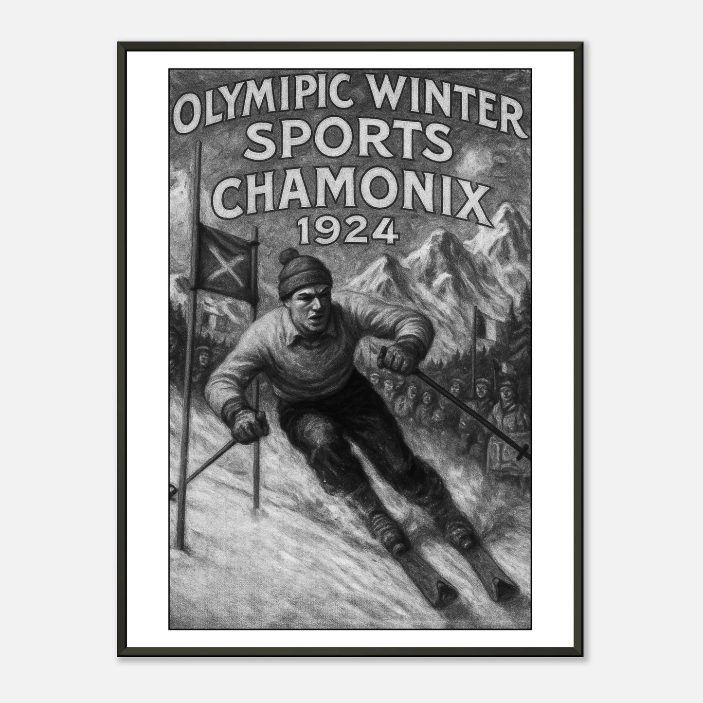 „Chamonix 1924 – Birth of the Winter Games“ Poster im schwarzen Metallrahmen – Vintage Ski-Poster inspiriert von den Olympischen Winterspielen | DEFA Designs