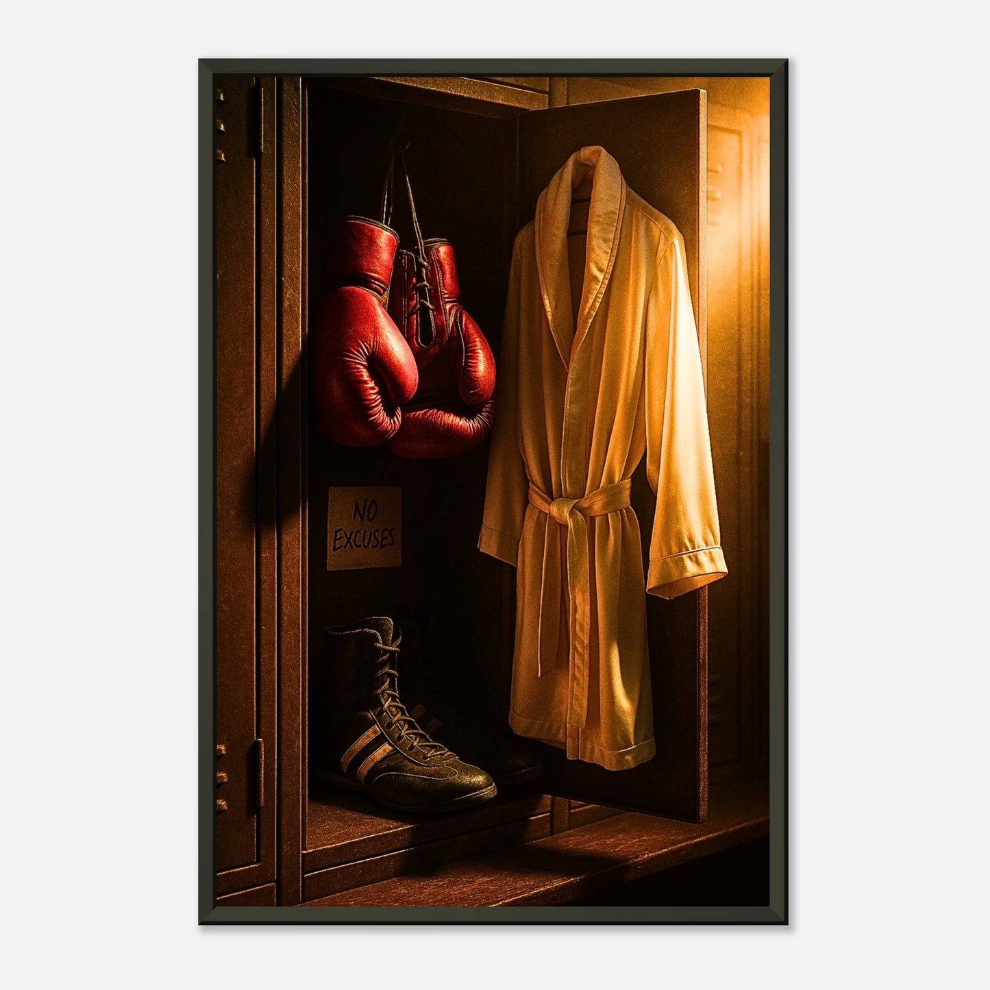 „No Excuses“ Boxposter für Kämpfermentalität | Wandkunst mit Fokus und Disziplin im schwarzen Metallrahmen | DEFA Designs