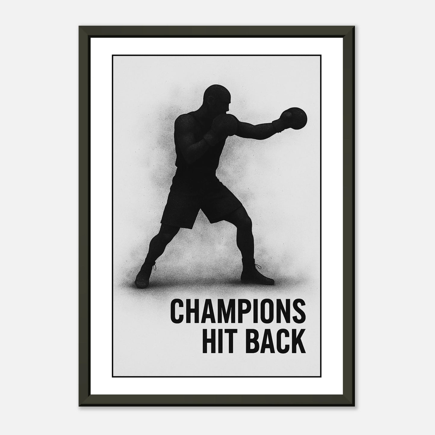 „Champions Hit Back“ Boxing Print – starkes Poster im schwarzen Rahmen, Hommage an Durchhaltevermögen und Willenskraft | DEFA Designs