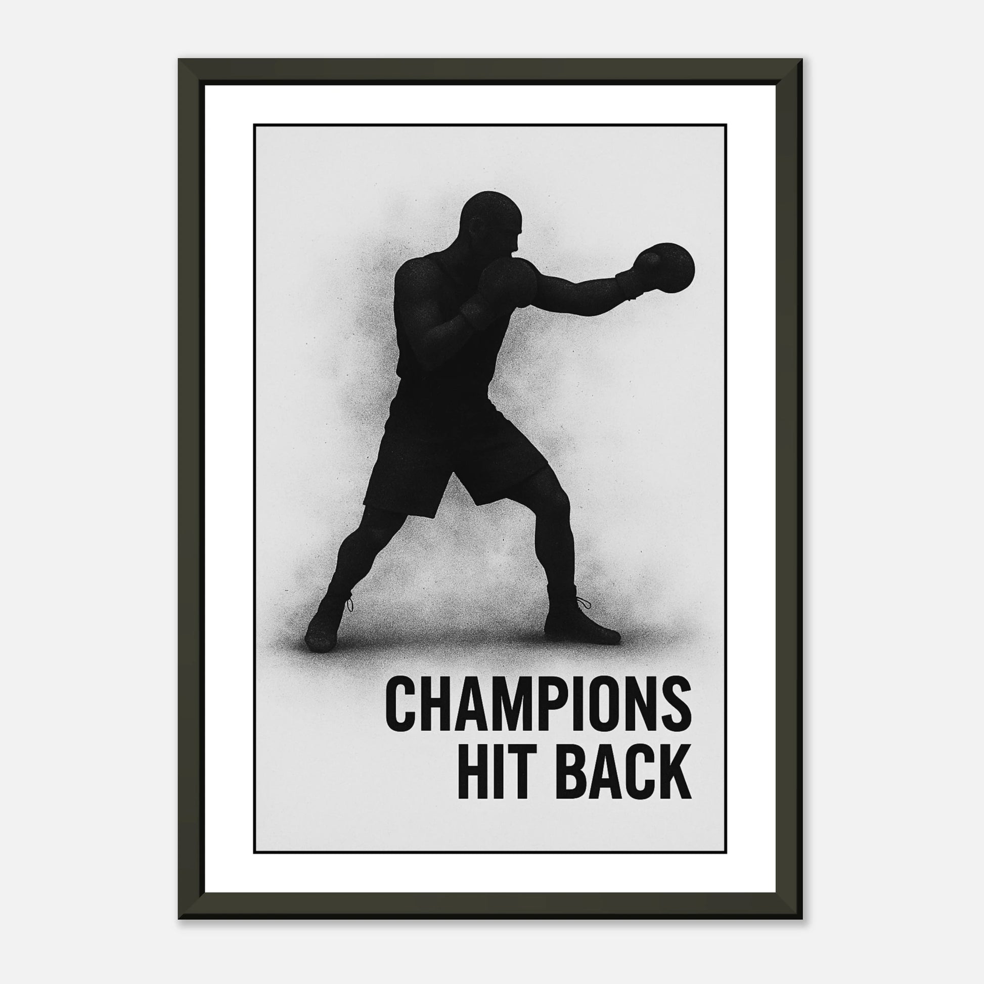 „Champions Hit Back“ Boxing Print – starkes Poster im schwarzen Rahmen, Hommage an Durchhaltevermögen und Willenskraft | DEFA Designs