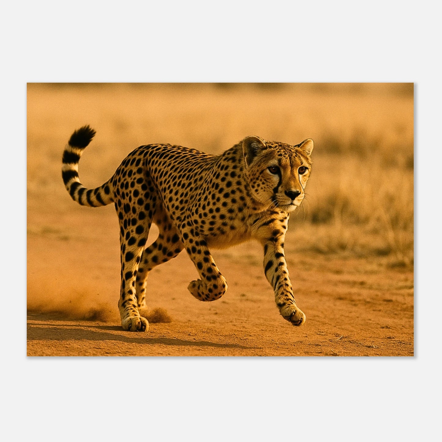 Detailaufnahme vom Desert Sprint Poster mit Gepard im Laufen – matte, luxuriöse Papieroberfläche.