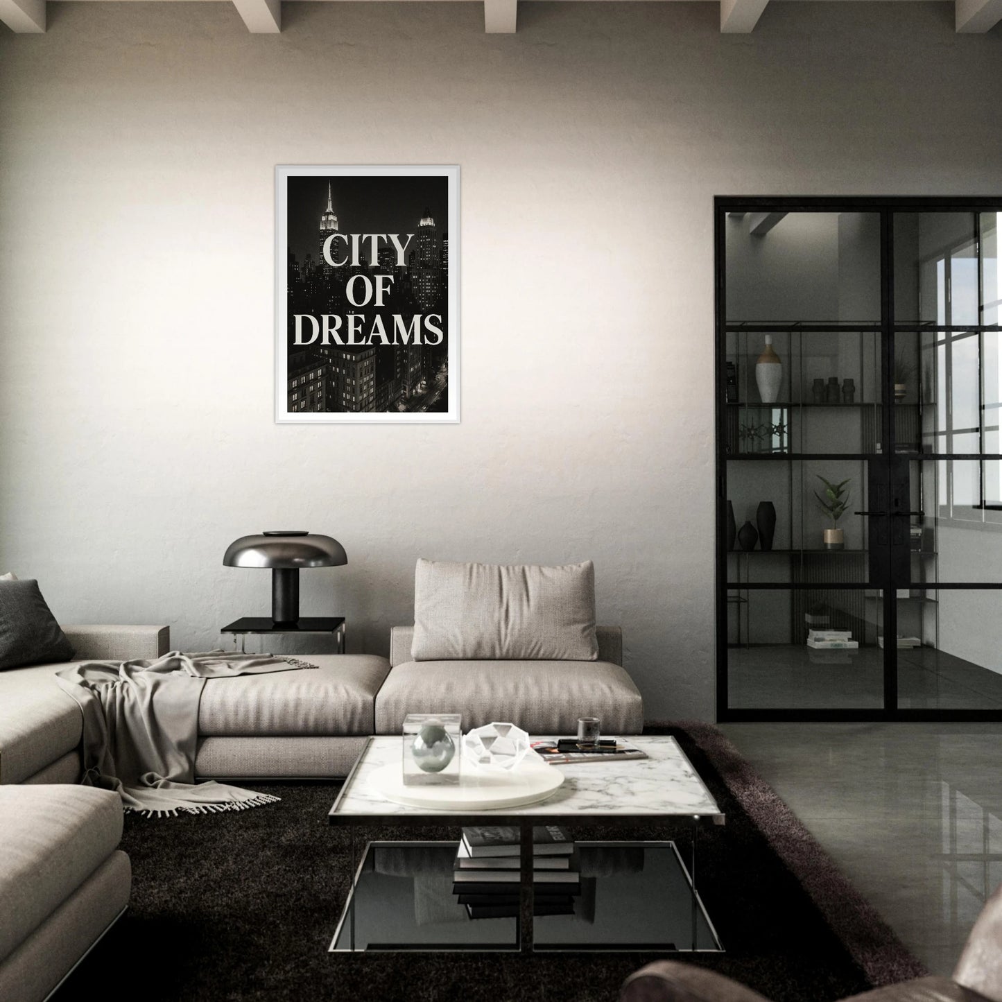 City of Dreams Poster im dunklen Wohnzimmer – ikonische Skyline von New York in Schwarz-Weiß. Moderne Wandkunst mit urbanem Flair von Defa Designs.