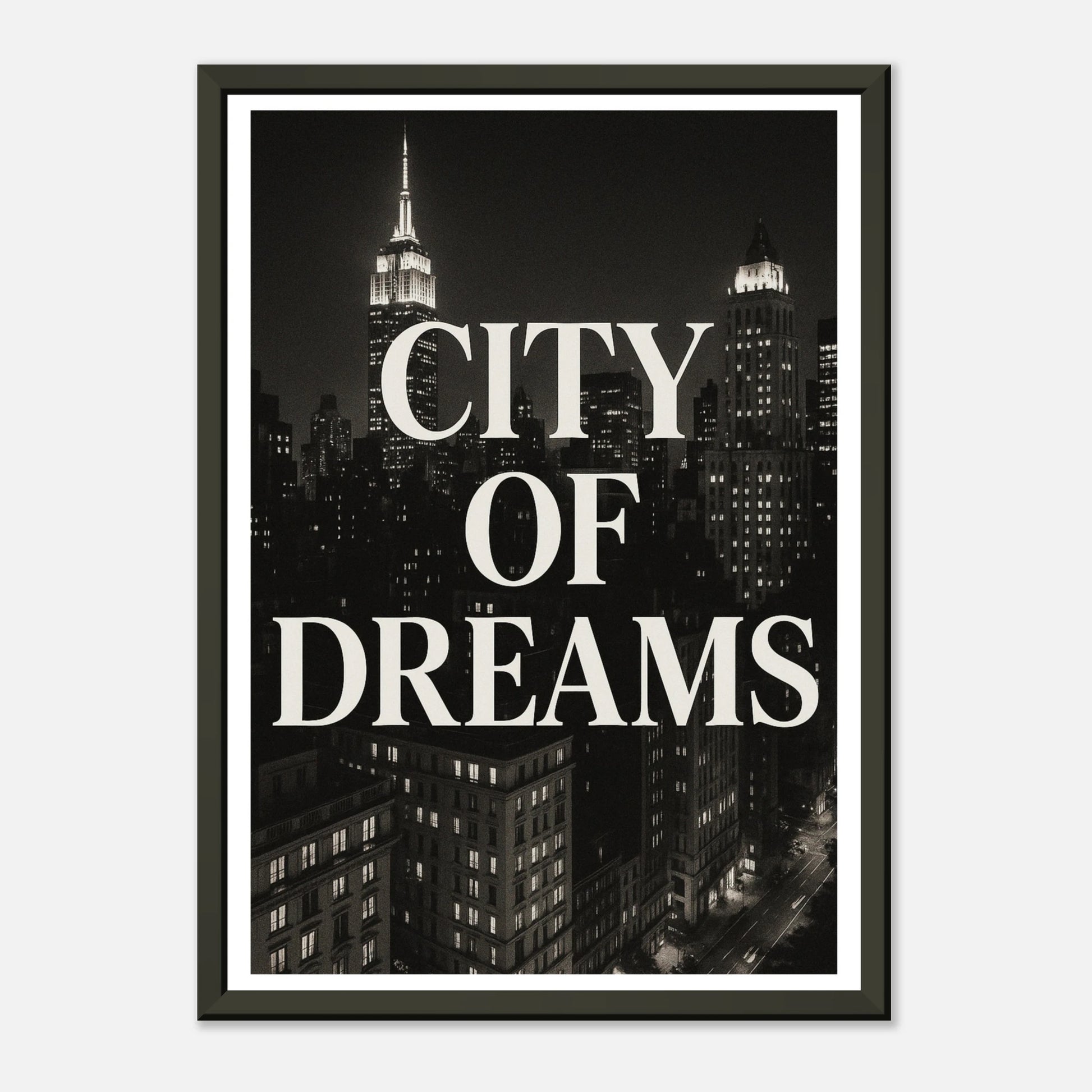 New York City of Dreams vintage style poster in black metal frame with skyscraper skyline and monochrome design