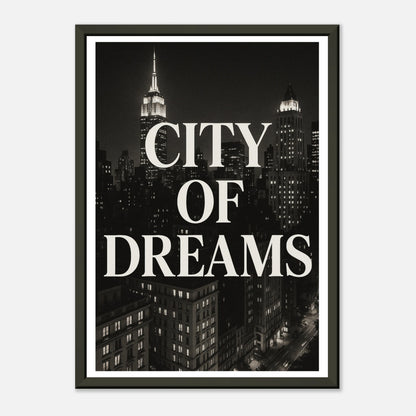 New York City of Dreams vintage style poster in black metal frame with skyscraper skyline and monochrome design