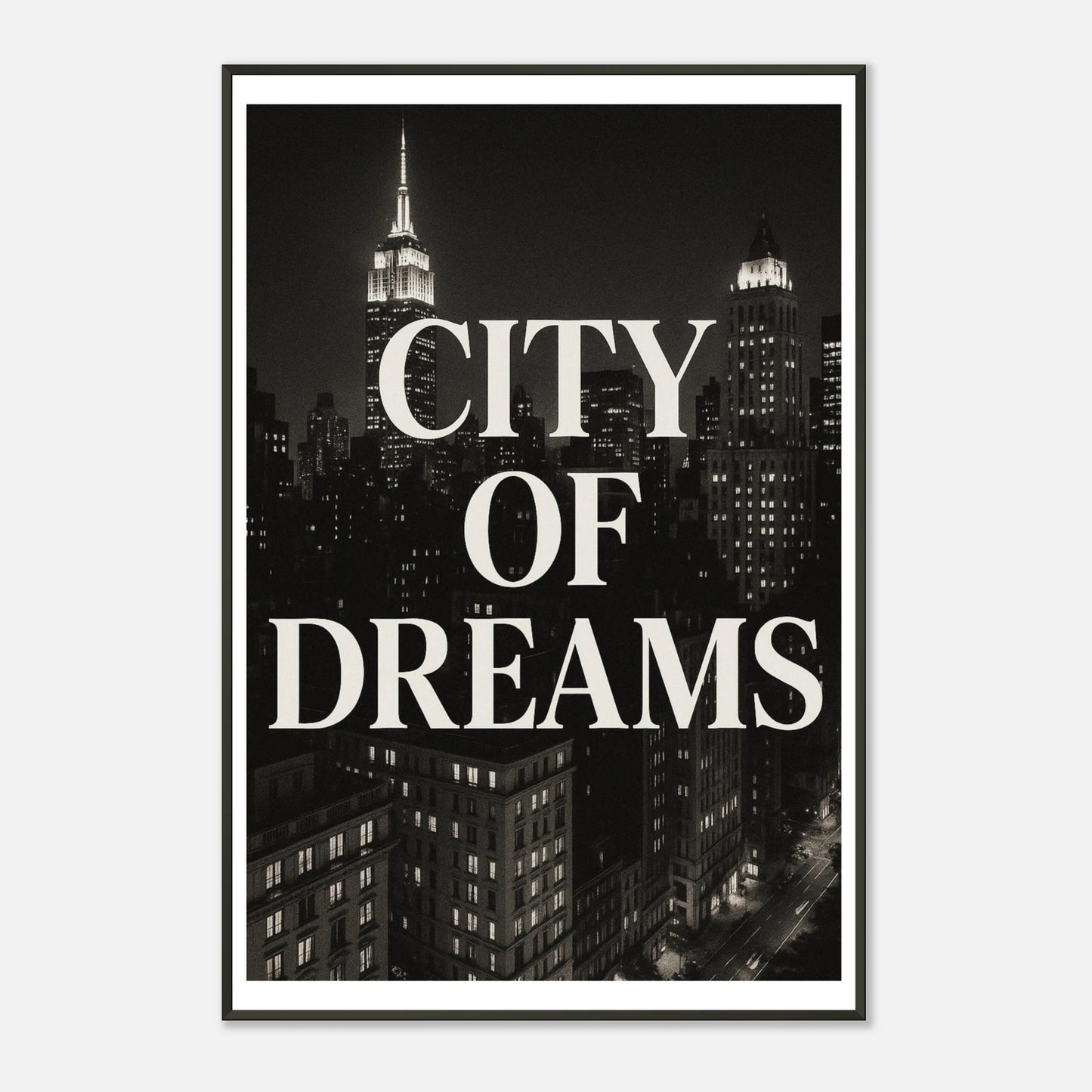 Retro City of Dreams NYC wall art in black metal frame showing iconic skyline and bold typography in black and white