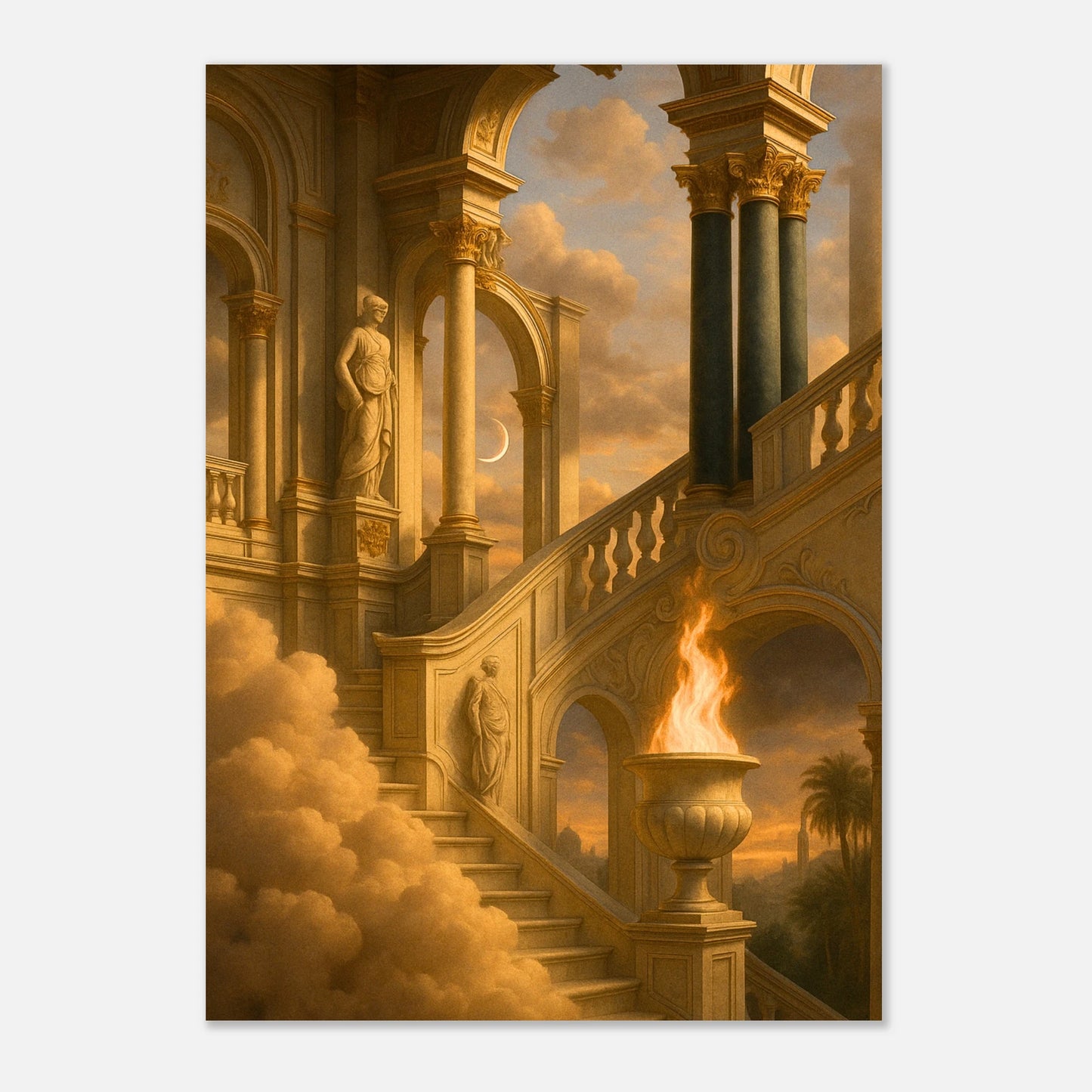 Classical poster print – arches, statues and golden stairway wall art with surreal clouds