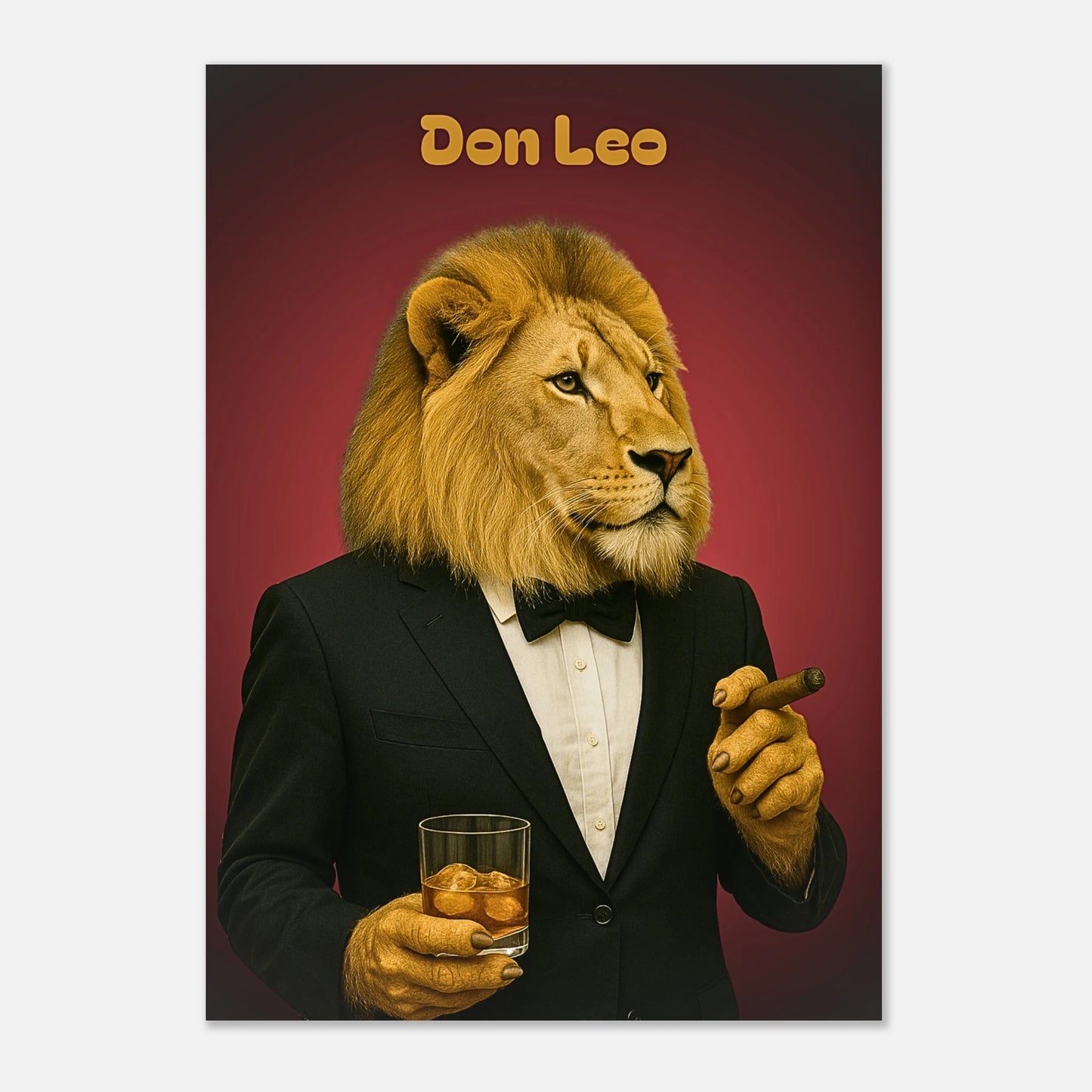 Side view of Don Leo lion poster – elegant lion in black tuxedo with glass in hand by DEFA