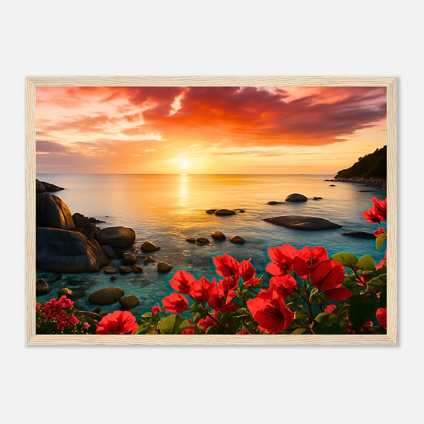 Coastal Glow Poster im hellbraunen Holzrahmen – romantisches Wandbild Sonnenuntergang über dem Meer mit Blumen