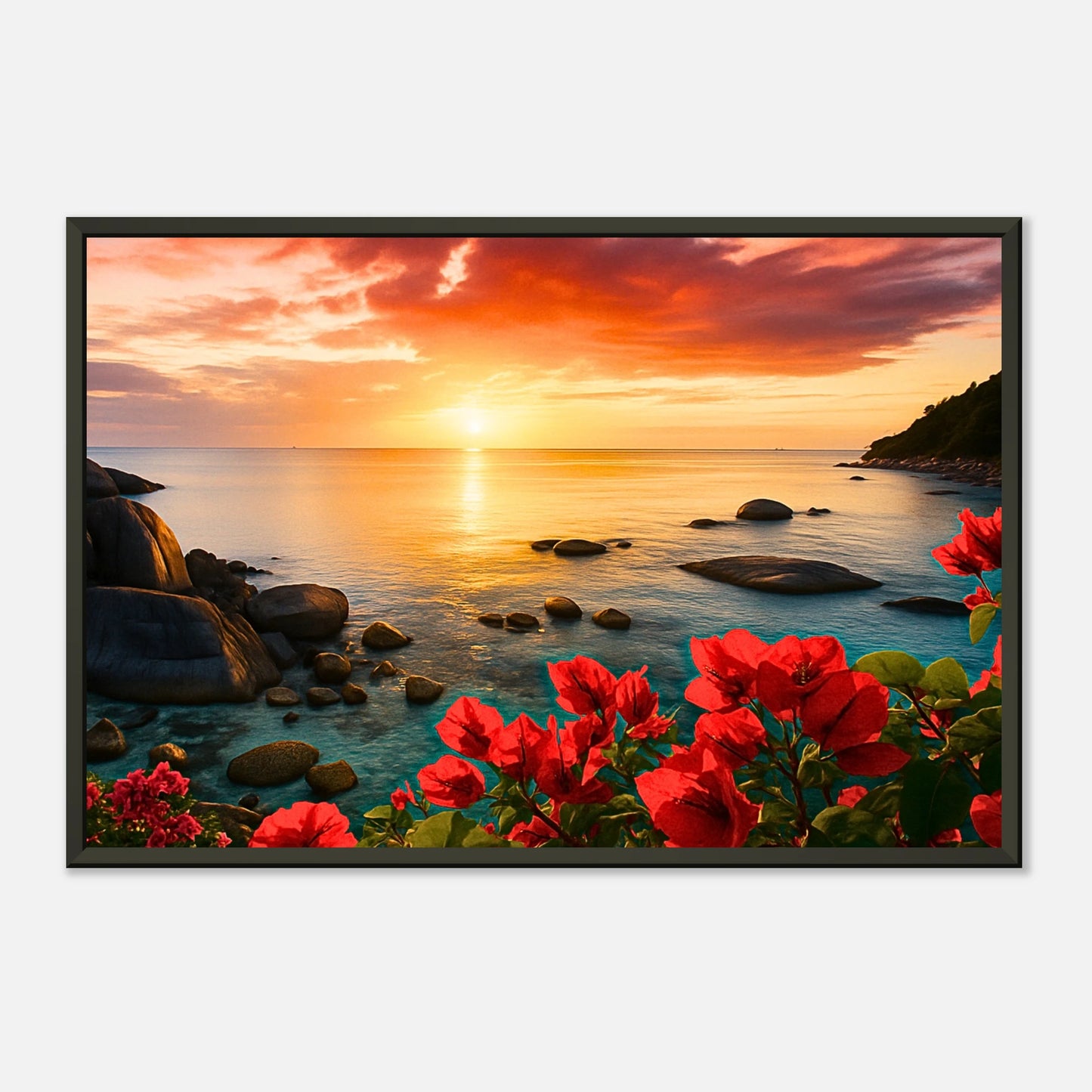 Coastal Glow Poster mit sanftem Lichtreflex – goldener Sonnenuntergang über dem Meer, intensiver Glanz und warme Atmosphäre.