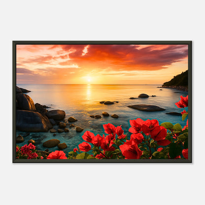 Coastal Glow Poster mit sanftem Lichtreflex – goldener Sonnenuntergang über dem Meer, intensiver Glanz und warme Atmosphäre.