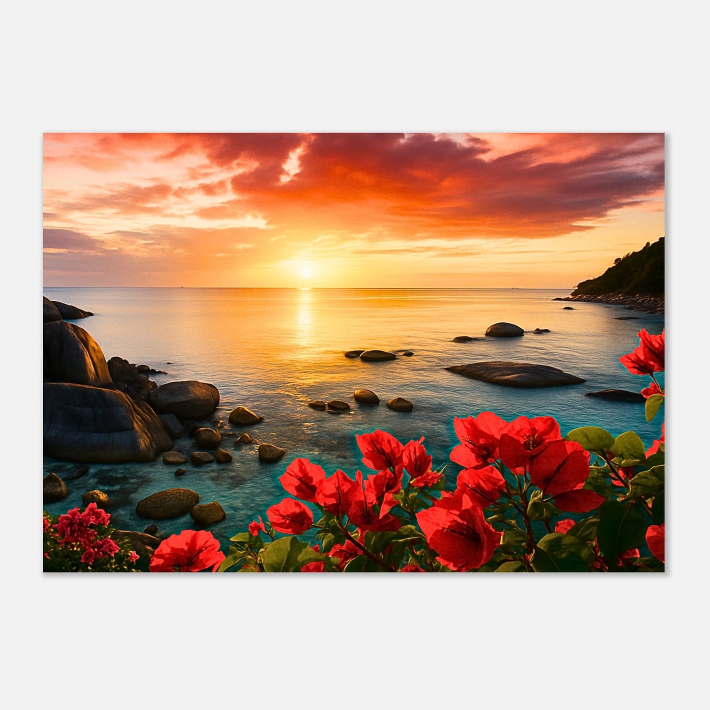 „Coastal Glow – Sunset & Blossoms“ Poster – ungerahmt, für stilvolle Wohnraumgestaltung mit Küsten- und Blumenmotiv.