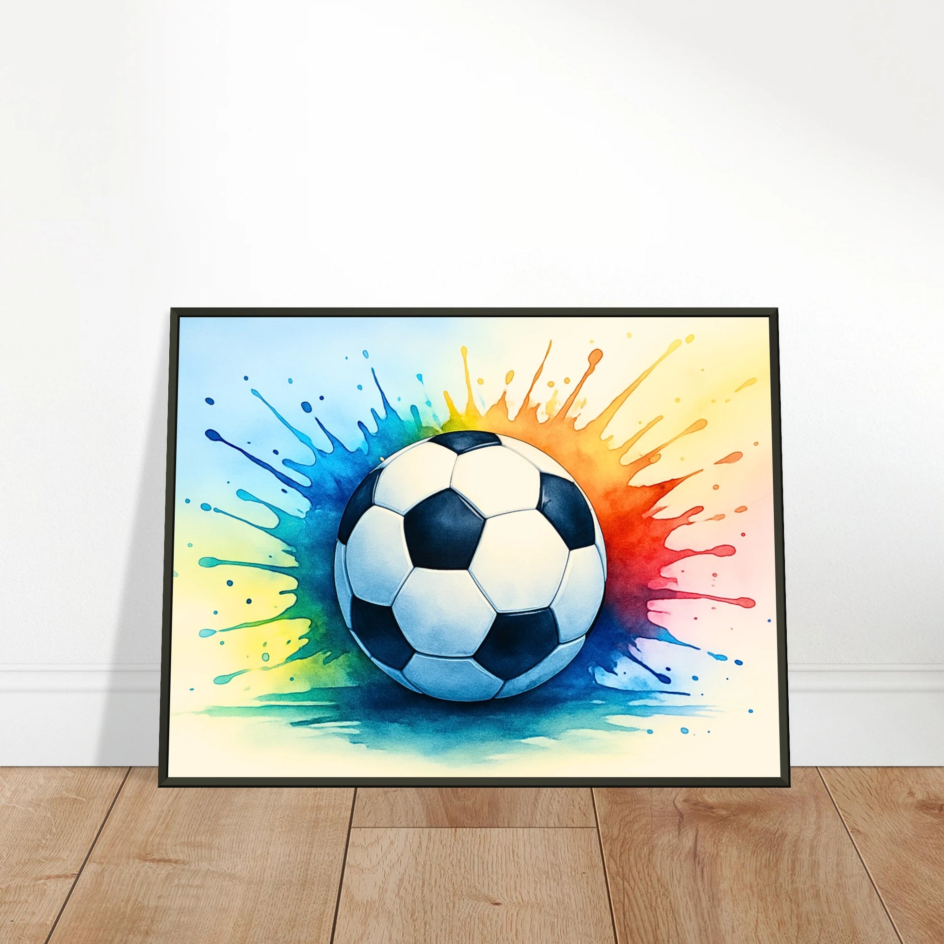 „Colorful Kick“ Fußballposter an die Wand gelehnt – lebendige Sportkunst für Wohn- oder Jugendzimmer | DEFA Designs