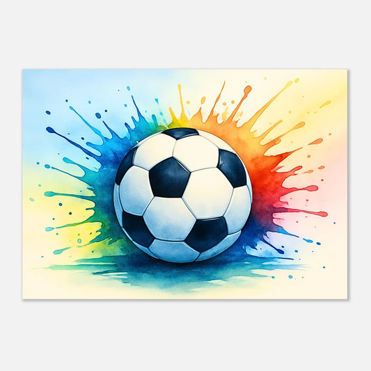 „Colorful Kick – The Joy of Soccer Poster, bunter Fußball Art Print mit Farbspritzern als moderne Wanddeko“