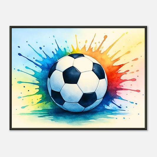„Colorful Kick – The Joy of Soccer“ Poster – bunte Fußballkunst im schwarzen Metallrahmen, farbenfrohe Energie & Bewegung | DEFA Designs