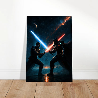 Cosmic Battle Poster – zwei Kämpfer mit blauen und roten Lichtschwertern, dekoratives Sci-Fi Wandbild