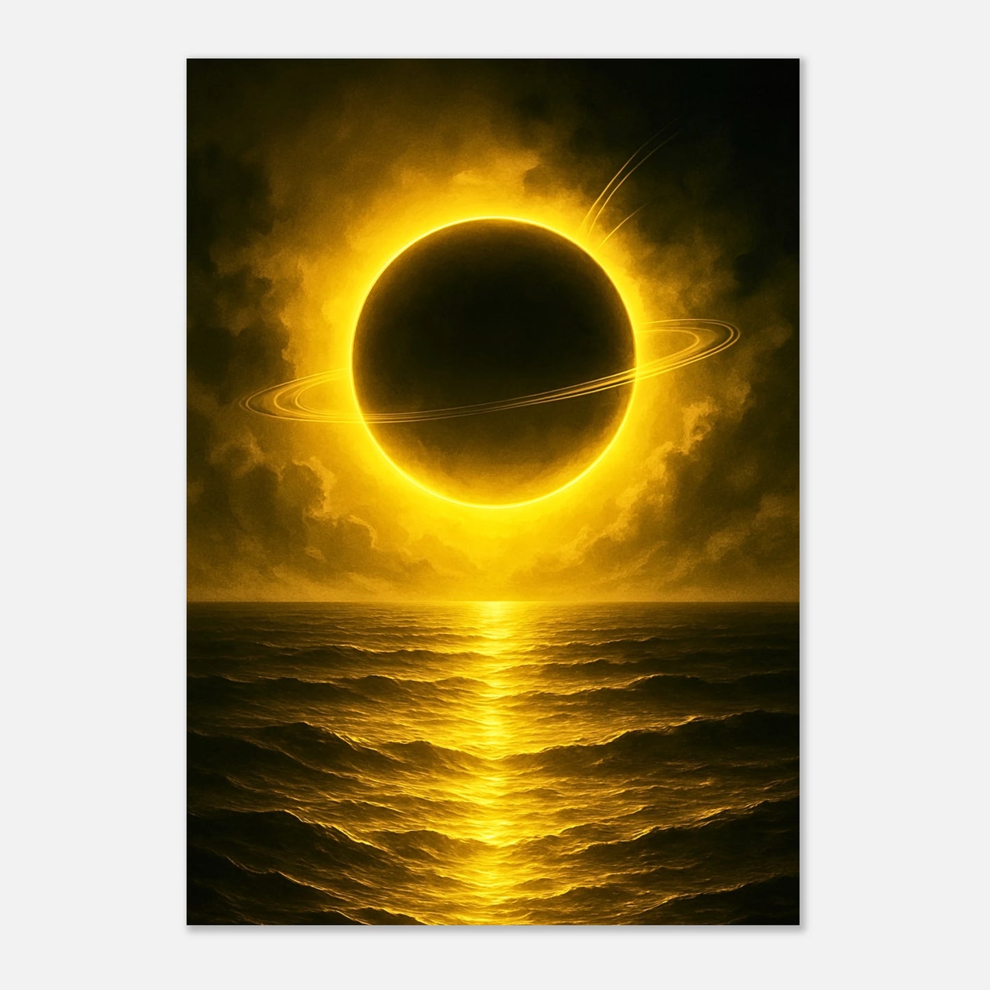 Cosmic Poster – goldener Planet über funkelndem Meer, episches Wandbild mit Sci-Fi Stimmung