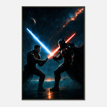 Cosmic Warriors Sci-Fi Wandkunst frontal dargestellt, actiongeladenes Weltraum Motiv im schwarzen Metallrahmen