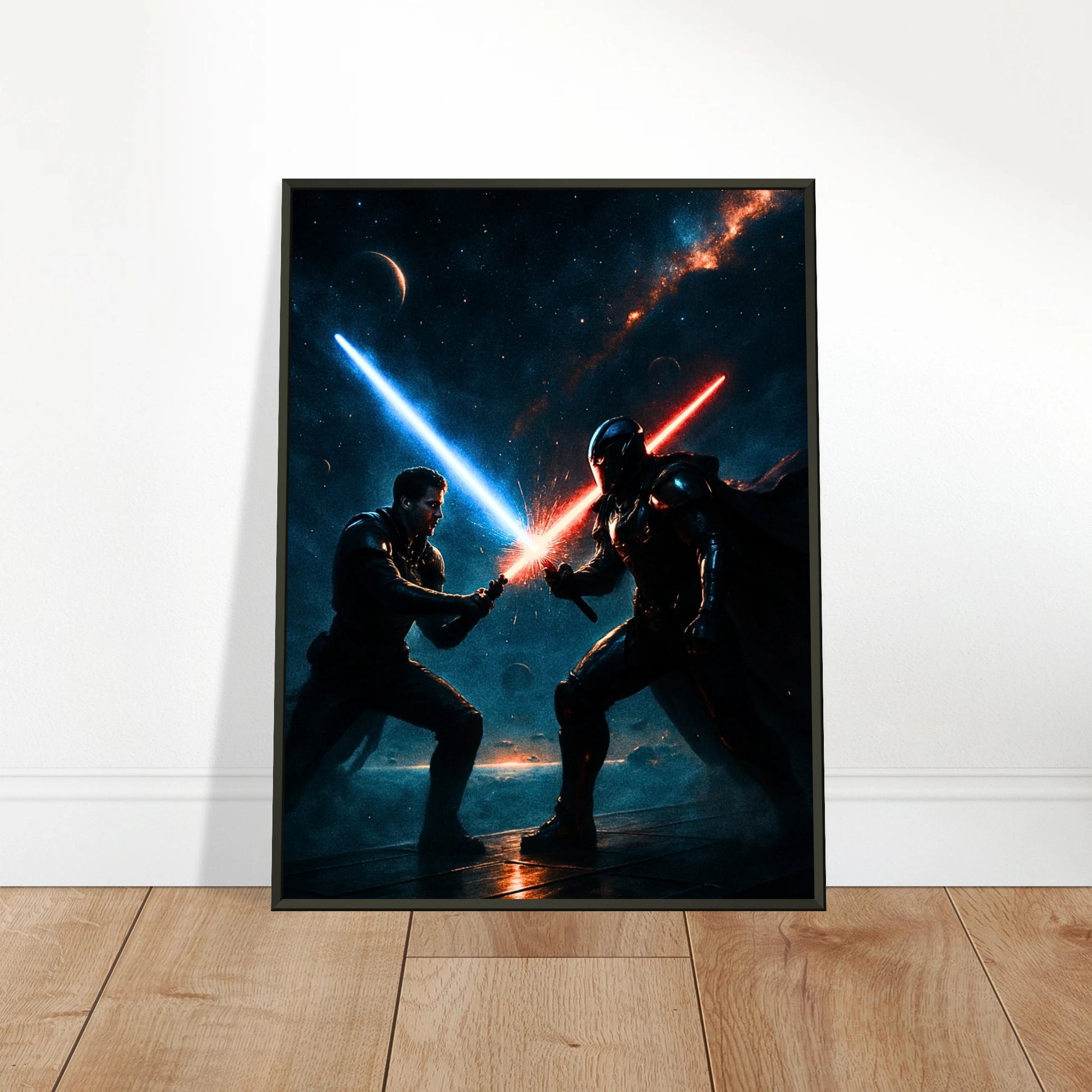 Cosmic Warriors Wandbild in hellem modernen Wohnraum, galaktische Sci-Fi Kunst im schwarzen Metallrahmen