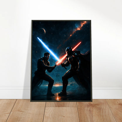 Cosmic Warriors Wandbild in hellem modernen Wohnraum, galaktische Sci-Fi Kunst im schwarzen Metallrahmen