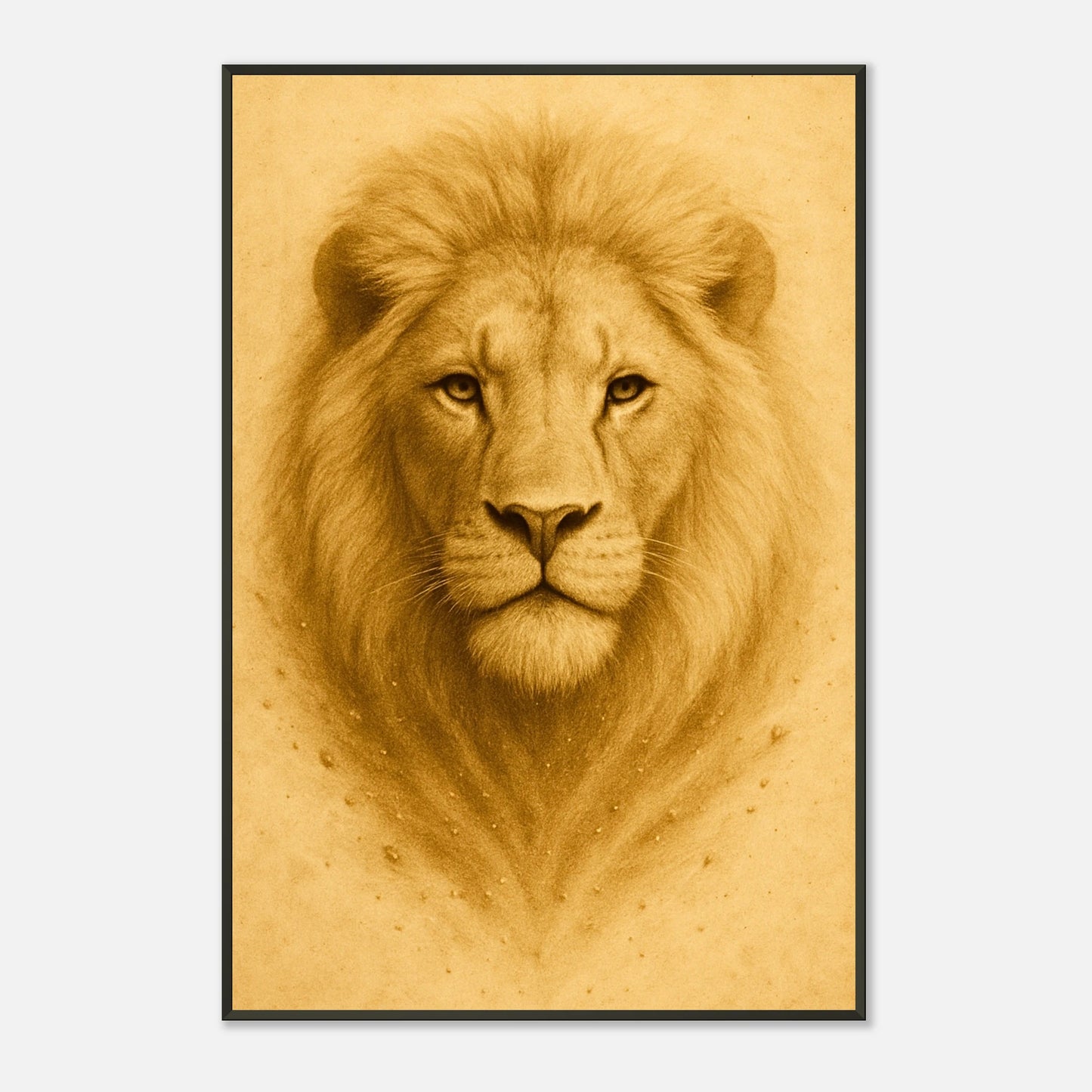 Detailaufnahme des Crown of Calm Posters – beeindruckende Fellstruktur und ausdrucksstarke Augen des Löwen auf hochwertigem Kunstdruck.