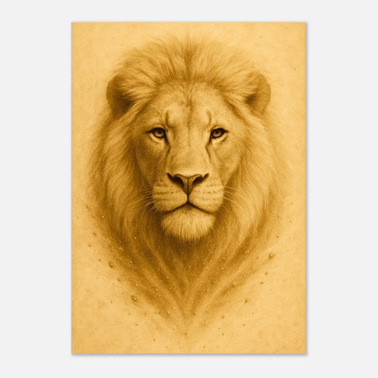 Crown of Calm Lion Poster – bold animal portrait, minimalist wall art design in earthy tones.