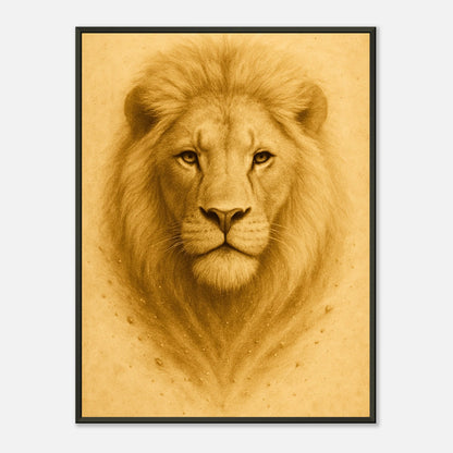 Crown of Calm Poster – majestätisches Löwenporträt in goldenen Farbtönen im schwarzen Metallrahmen. Edle Tierkunst von Defa Designs.