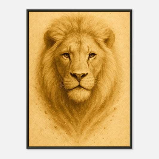 Crown of Calm Poster – majestätisches Löwenporträt in goldenen Farbtönen im schwarzen Metallrahmen. Edle Tierkunst von Defa Designs.