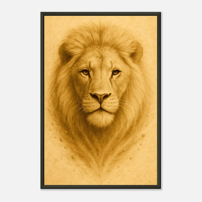 Seitenansicht des Crown of Calm Posters – imposanter Löwe mit ruhigem Blick, umrahmt von elegantem schwarzem Metallrahmen.