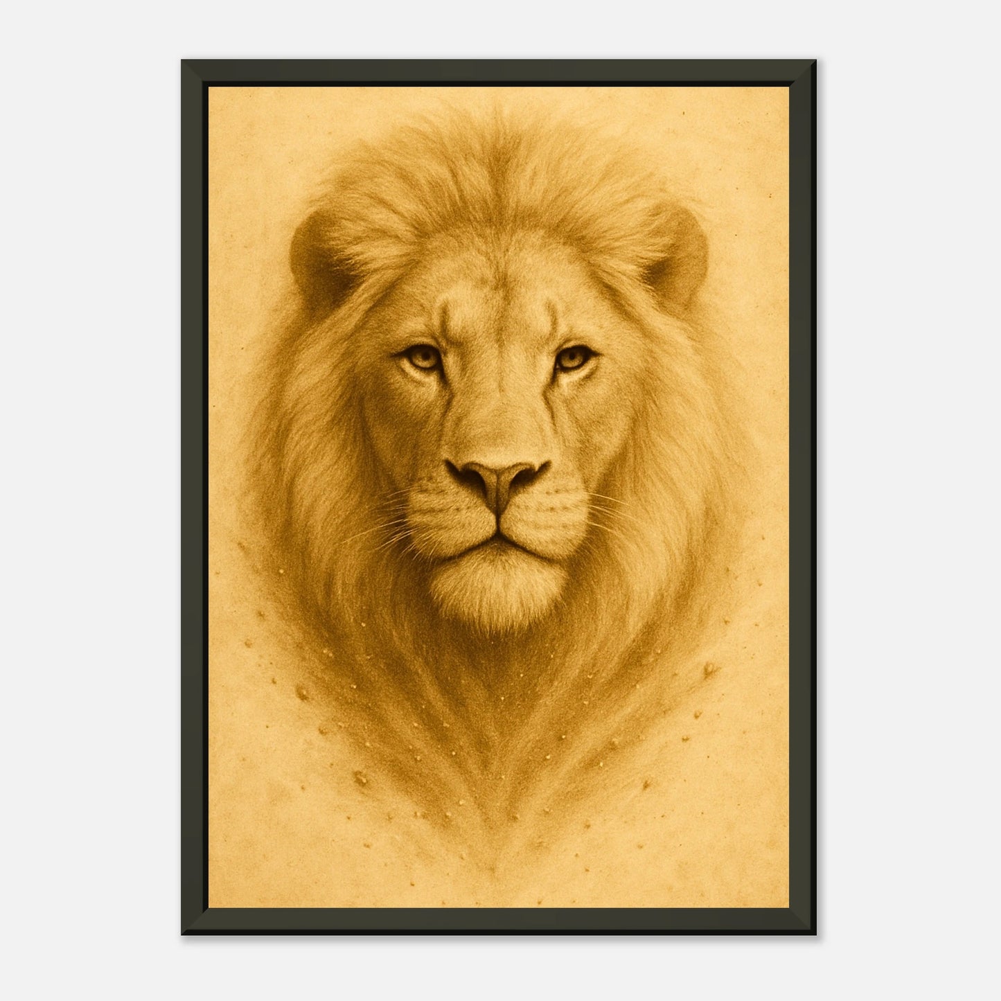 Crown of Calm Poster in Schrägansicht – warmer Lichtverlauf und goldene Töne unterstreichen die Stärke und Ruhe des Löwen.