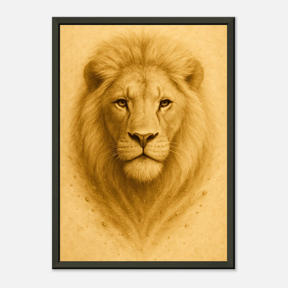 Crown of Calm Poster in Schrägansicht – warmer Lichtverlauf und goldene Töne unterstreichen die Stärke und Ruhe des Löwen.