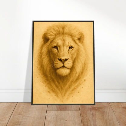 Crown of Calm Poster an die Wand gelehnt – stilvolles Löwenmotiv auf Holzboden, ideal für moderne Interieurs mit natürlicher Eleganz.
