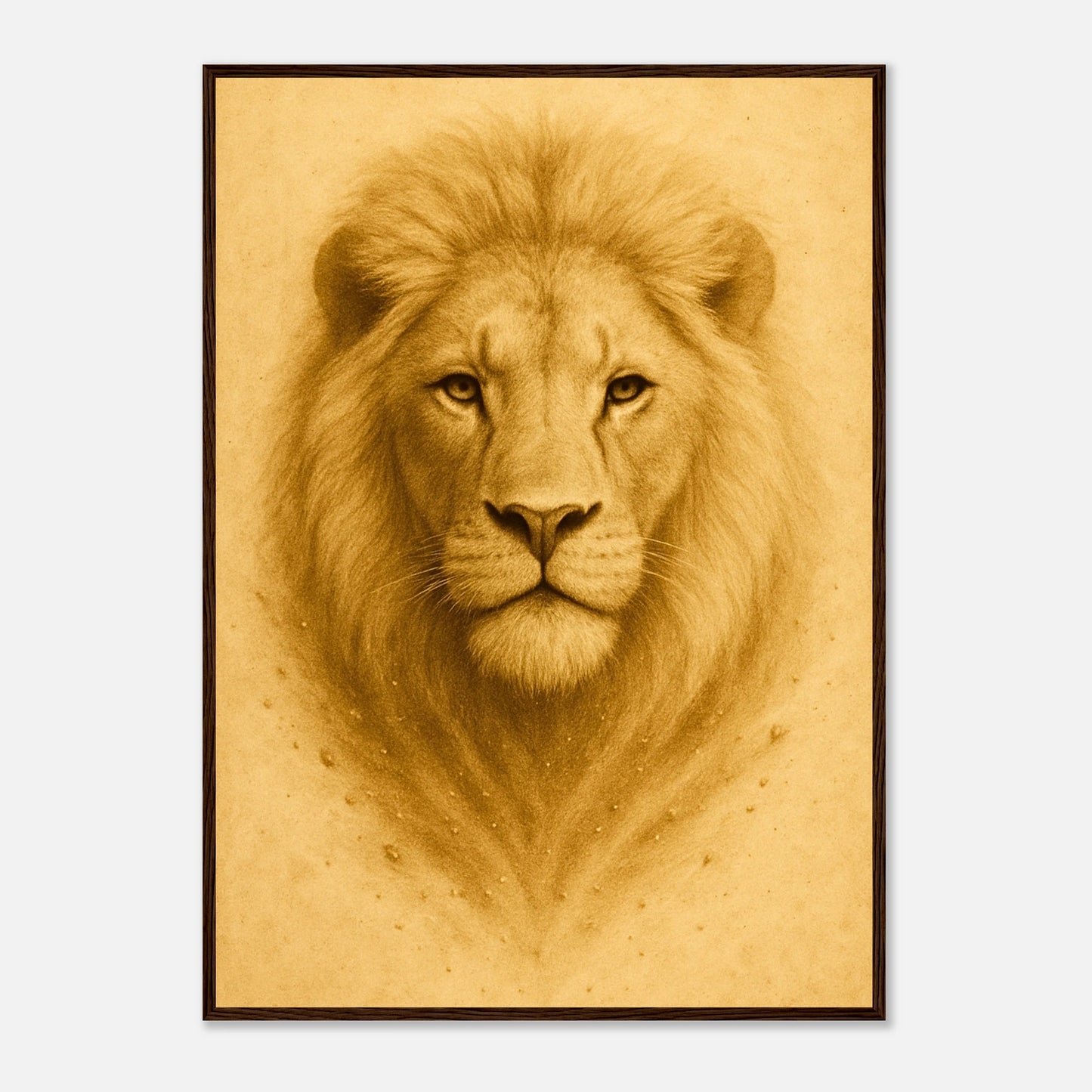 Crown of Calm Poster mit dunkelbraunem Holzrahmen – kunstvolles Löwenmotiv als stilvolle Wanddekoration.