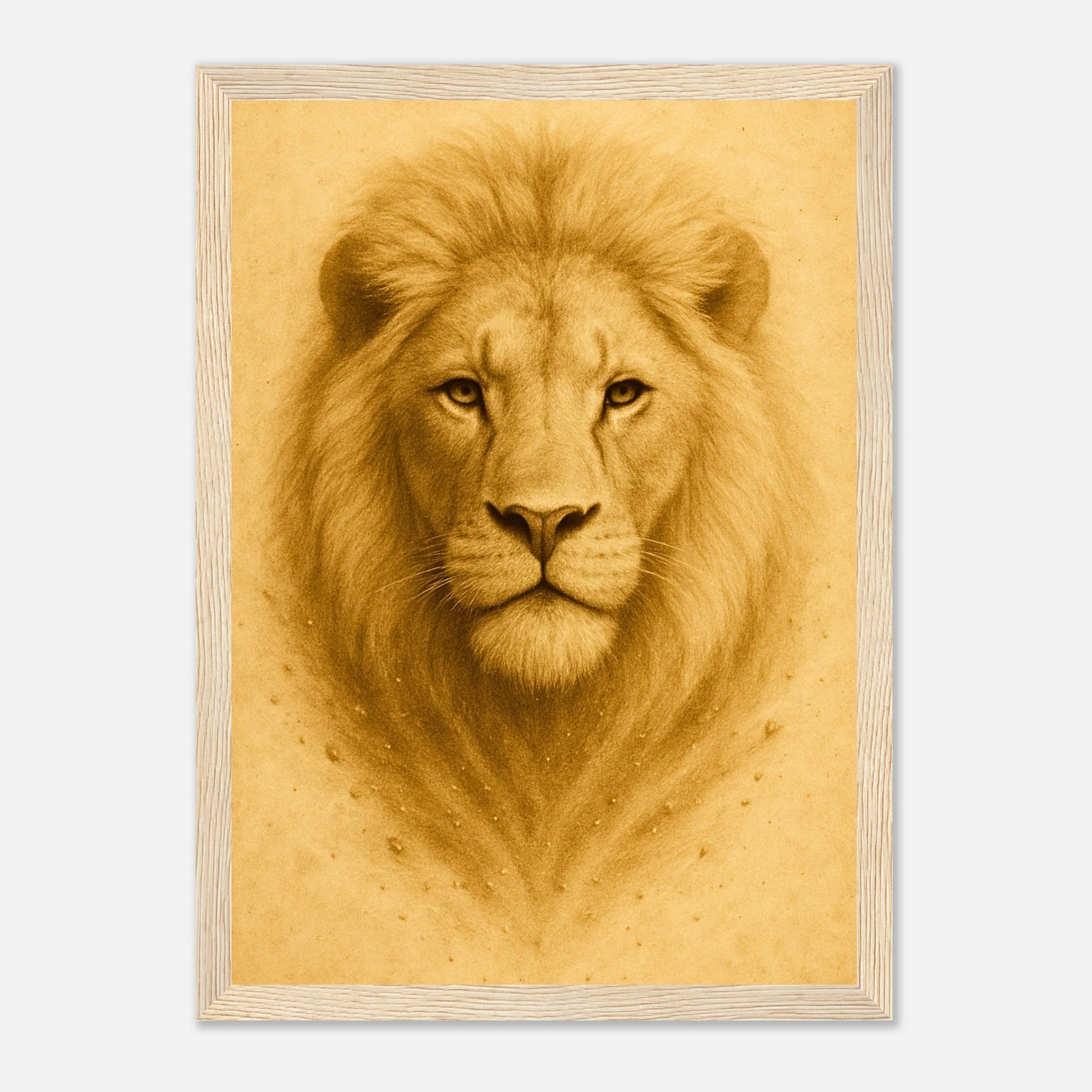 Crown of Calm Poster mit hellbraunem Holzrahmen – starkes und ruhiges Löwenbild als luxuriöse Wandkunst.