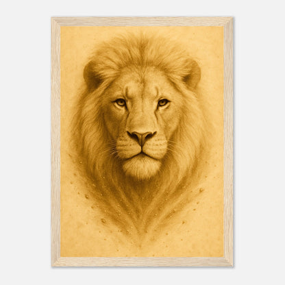 Crown of Calm Poster mit hellbraunem Holzrahmen – starkes und ruhiges Löwenbild als luxuriöse Wandkunst.