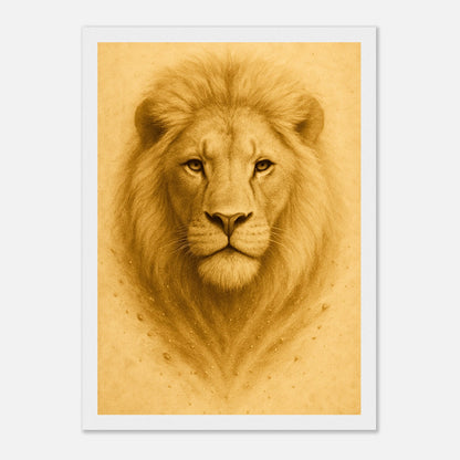 Crown of Calm Poster mit weißem Holzrahmen – majestätisches Löwenporträt als edles Wandbild.