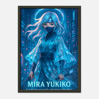 Cyber Samurai Kriegerin – Mira Yukiko Anime Wandbild im schwarzen Metallrahmen – leuchtende futuristische Wandkunst