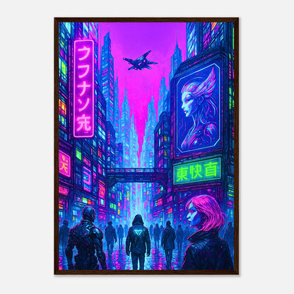 Cyber Reign Poster im dunkelbraunen Holzrahmen – Cyberpunk Kunstwerk mit vibrierender Neonenergie, Regenlichtern und urbanem Flair. Premium Sci-Fi Wandbild von Defa Designs.
