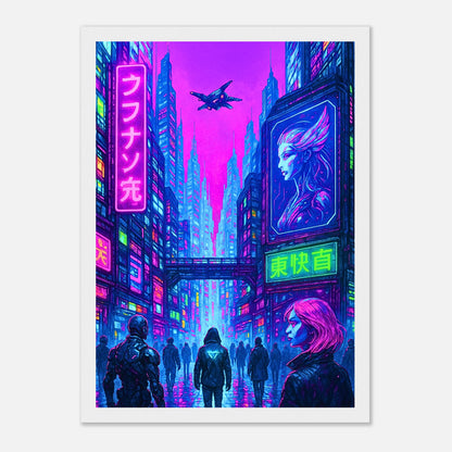 Cyber Reign Poster im weißen Rahmen – neonfarbene Cyberpunk Stadt mit Hologrammen und leuchtenden Hochhäusern, brillante Sci-Fi Kunst für moderne Räume.