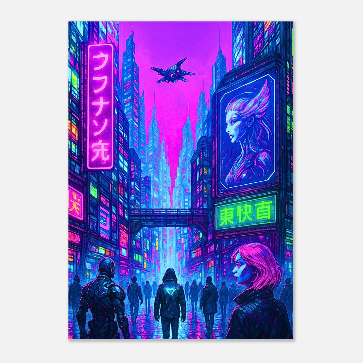 Neon Cityscape Cyberpunk Art Print – futuristische Großstadt Illustration mit Drohnen und Neonreklamen als Wanddekoration